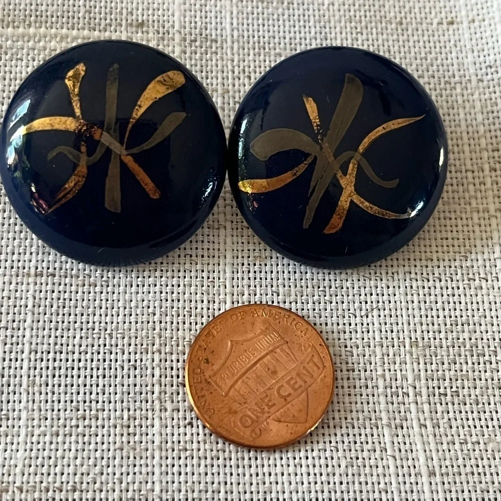 Vintage Ceramic Stud Earrings Cobalt Blue Gold 80s retro ..